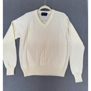 80s Career Club Men M/L XL Cream Cable Knit Sweater Grandpa Tennis Prep Coastal
